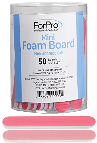 ForPro Professional Collection Mini Foam Board, Double-Sided Nail File, Pink, Black, 400/600 Grit, 3.5” l x .5” w, 50 Count