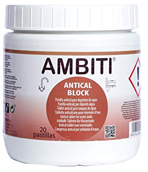 Ambiti | Antical Block | Tabletas para Eliminar y Prevenir la Cal en Depósitos de Agua Limpia, Grises | Ideal para Cisternas, Caravanas y WC |Mejora la Calidad del Agua |30 Pastillas de 9 gr