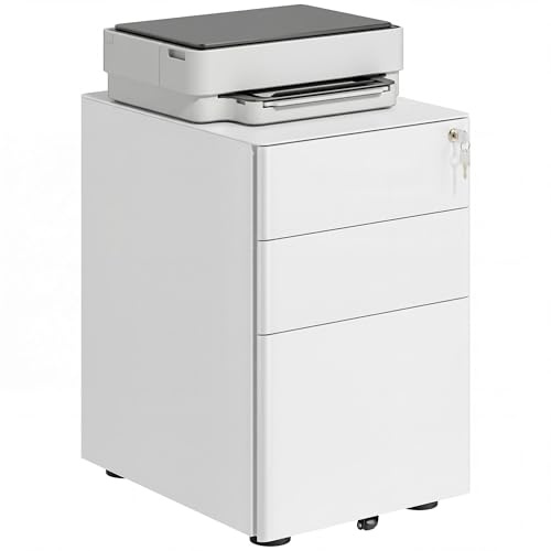 Vinsetto 3-Drawer Mobile Filing Cabinet, Steel Lockable File Cabinet for A4, Legal, Letter, Compact Under Desk Storage Unit with Pre-Assembled Body Except Wheels for Home Office, 39 x 48 x 59cm, White