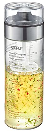 GEFU Dressing-Shaker MIX – Glas Shaker mit Topquirl | Auslaufsicher | 350 ml mit Doppelskala | 3 Rezepte aufgedruckt | Spülmaschinengeeignet