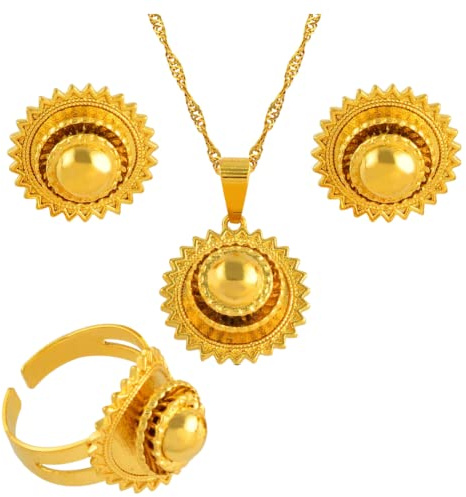 N-Made Beautifull Ethiopian Jewelry for Women Set - Traditional Eritrea Gold Small Necklace Earrings Ring Color African Bridal Sets Eritrean Wedding
