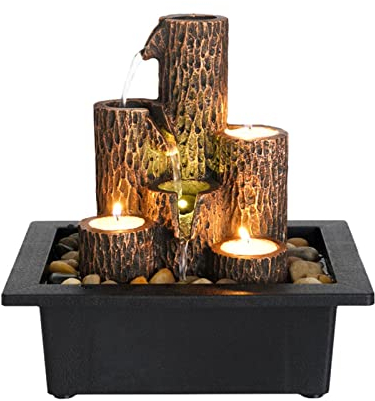 SURPRIZON Fontaine de table colonne à étages avec 3 bougeoirs, mini cascade pour espaces intérieurs, fontaine d'eau relaxante