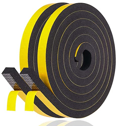 Draft Excluder Foam Seal Tape, 12mm(W) x 12mm(T) High Density Adhesive Foam Weather Strip Seal for Window and Door, 2 Rolls, Total 4M Long Black
