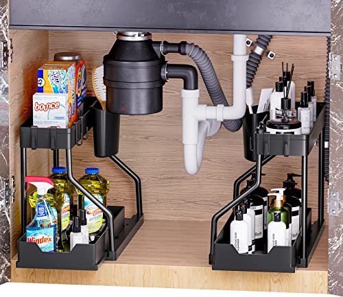 Puricon 2 Pack Under Sink organizer Pull Out Under Sink Organizers and Storage, 2-Tier Multi-Use Bathroom Organizer Under Sink Shelf with Sliding Drawer Kitchen Sink Organizer Under Cabinet -Black