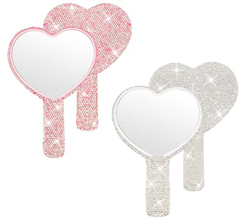 Tatuo 2 Pcs Large Rhinestone Handheld Mirror Heart Shaped Bling Glitter Portable Cosmetic Hand Mirror with Handle for Women Make up Brush Lash(Pink and White)