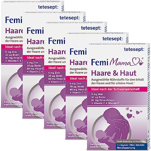 tetesept Femi Mama Haare & Haut - Ausgewählte Nährstoffe für den Erhalt kräftiger Haare & schöner Haut - Nahrungsergänzungsmittel ideal nach der Schwangerschaft - 5 x 30 Tabletten