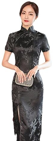 Robe Chinoise pour Femme - Jupe Longue Sexy Brocart Satin Longue Fourche Cheongsam Chinois Classique Qipao Femme Manches Courtes Sexy Robe De Soirée De Mariage,Noir,3XL