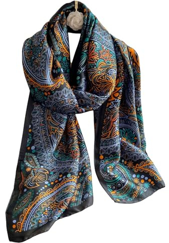 WEIGEER Écharpe en soie Femmes Châle bleu-orange Tache Mouchoir à cou Envelopper la tête Châle de plage Mousseline de soie de noix de cajou Tissu cadeaux de compleann, Bleu orange, 180 * 90CM