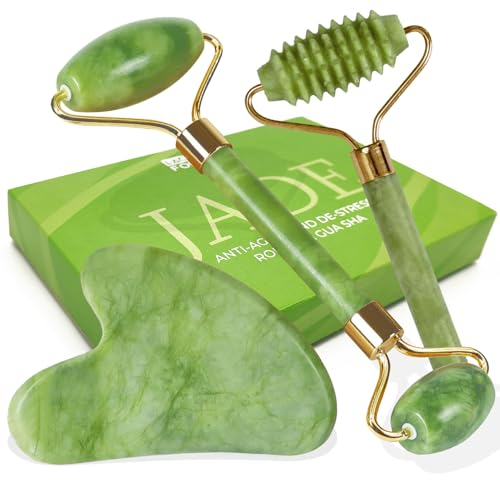 LAC FOR YOU Pietra Gua Sha Naturale Vera e Rullo Di Giada per il Viso - 2 Face Roller Massaggiatore Viso Antirughe e Contorno Occhi - 3 Pz Accessori Skin Care