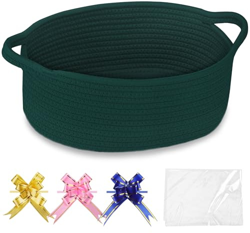 COMSE Piccolo cestino intrecciato con sacchetti regalo e nastri, cesto regalo vuoto, organizer in corda di cotone, scatola per giocattoli per bambini con manici, 30,5 x 20,3 x 12,7 cm, verde scuro
