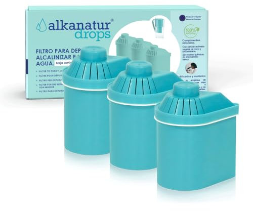 Pack 3 Filtros de Agua Alkanatur Drops Ecológicos de Baja Emisión - Depura Hidrogena Ioniza - Elimina Cloro Metales Pesados Añade Magnesio pH 9 - Cartuchos Libres de Tóxicos - ALKANATUR