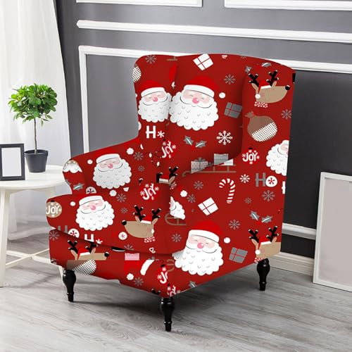Hixingo Stretch Wingback Chair Covers, 3D Christmas Armchair Covers 2 Pieces Set Washable Wing Chair Slipcover for Living Room Bedroom Hotel Furniture Protector (One size,Red Santa)