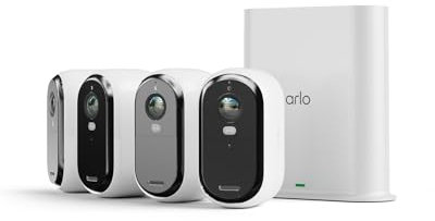 Arlo Essential 2 HD Video Security Camera Outdoor with SmartHub, Battery Operated Home Camera With Colour Night Vision, Light, Siren, 2 Way Audio & WiFi, Secure Free Trial, 4 Cameras, White