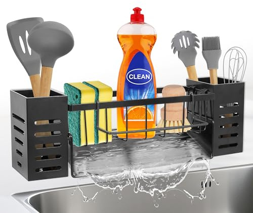 KüChen SpüLbecken Organizer Schwarz Aufbewahrung - Edelstahl Waschbecken Ablage KüChe Schmal SpüLe Ohne Bohren Spuelbecken Wand Schwammhalter mit 2 Korb HäNgend SpüLmittel und Halterung Lappen Holder