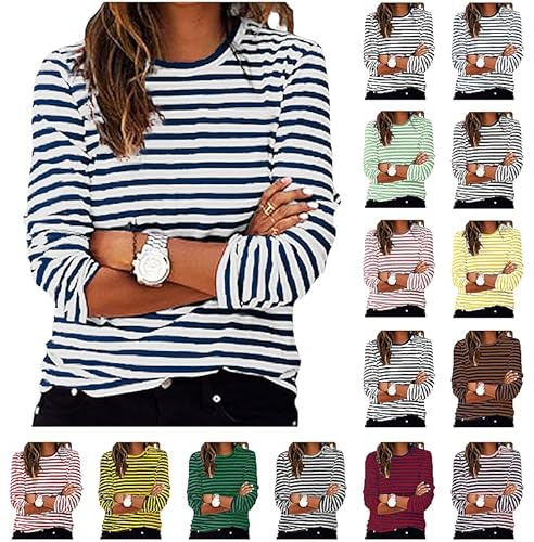 Ybing Y2K Camiseta de manga larga a rayas para mujer, informal, cuello redondo, blusa holgada, camiseta de manga larga, ligera, cómoda, deportiva, de algodón, camiseta de manga larga, top básico