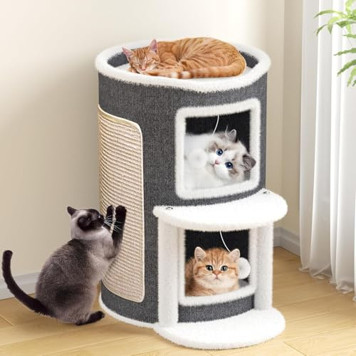 Bertifive 2 Tier Clawsable Cat House, Semi Enclosed Cat Beds for Indoor Cats Hideaway, Large Cat Cave Bed with Scratch Pad, 2 Layer Pet Condo with Hanging Ball & Stair for Muti Kitten 40 * 40 * 60CM