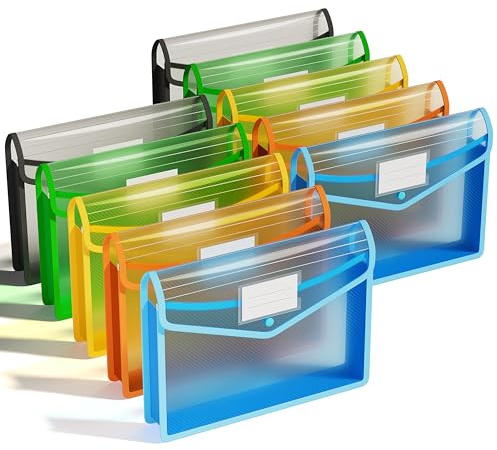 ThinkTex Classeur A4 en plastique, lot de 10 dossiers de documents avec enveloppes transparentes et fermeture à pression, sans séparateurs, grande capacité, couleurs assorties, pour l'école, le bureau