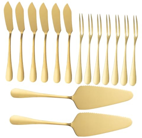 Veemoon Spatule à Gâteau En Acier Inoxydable Doré Multifonctionnelle, 2 Pelles à Gâteau 6 Fourchettes à Fromage 6 Couteaux à Beurre, Ustensiles Cuisine Pour Fêtes, Mariages Et Anniversaires