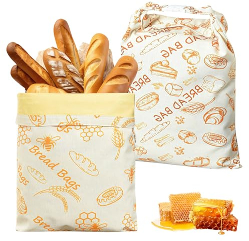 2 sacchetti di cera d'api riutilizzabili, 43 x 33 cm, in cotone, per il pane con panno di cera d'api, fodera interna, grande borsa per il pane, lavabile per prodotti da forno e pane fatto in casa