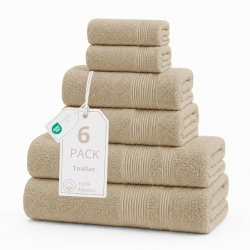 DALINA Juego de 6 Toallas de Baño, Mano y Toallas Lavabo - 100% Algodón, Suaves, Altamente Absorbentes y de Secado Rápido, Camello
