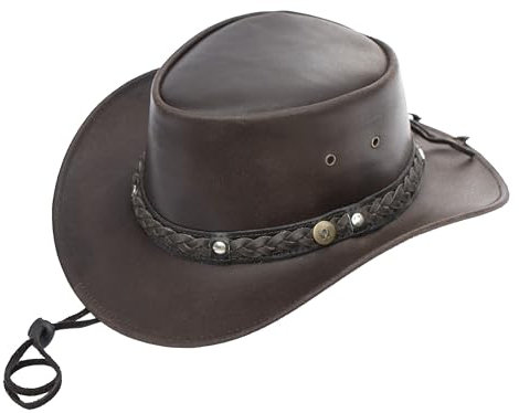 Wombat Outback Australian Hat Brown Cow Hide Leather Cowboy Bush Hat | Chin Strap | Rugged Unisex Woman's Mens Hats Outback Medium