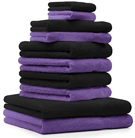 Betz 10-TLG. Handtuch-Set Premium 100% Baumwolle 2 Duschtücher 4 Handtücher 2 Gästetücher 2 Waschhandschuhe Farbe Lila & Schwarz