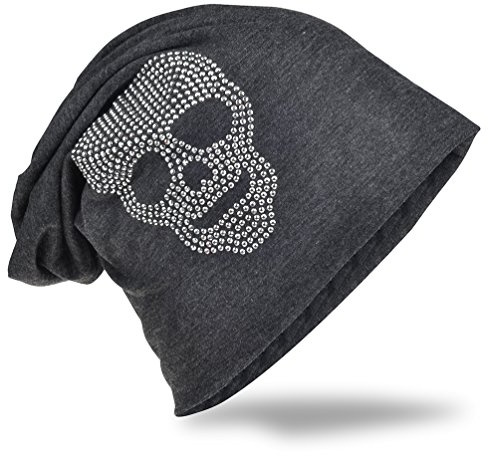 Slouch beanie i jersey, lång, trendig och enfärgad unisexmössa med dödskalle och strassapplikationer, för män och kvinnor, antracit, One size