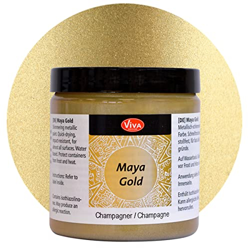 Viva Decor Maya Gold 250ml (Champagner) - Metallic-Acrylfarbe für kreative Werke auf Holz, Glas und Porzellan. Stoßfest, wischfest und wetterfest für glänzende Metall- / Metallic Effekte