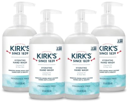 Kirk's Hydrating Hand Wash - Made with Coconut Oil and Aloe Vera, With Odor Neutralizing Technology To Help Eliminate Odors, Non-GMO, Vegan, Fragrance Free, 12 Fl Oz. 4 pack