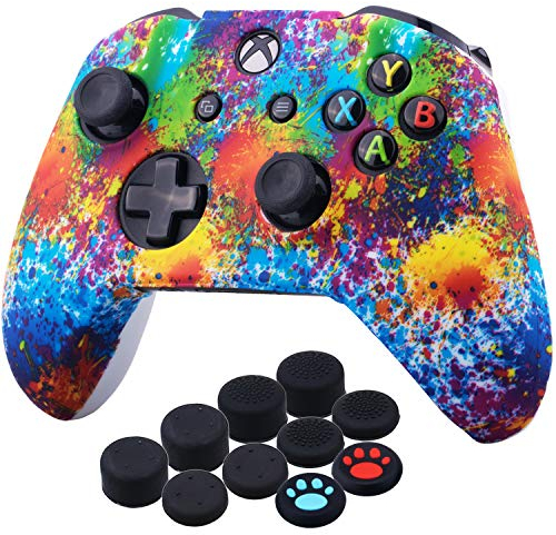 YoRHa Druck Gummi Silikon Hülle Skin Taschen für Xbox One S/X Controller x 1 (Spritzende Farbe) mit Daumengriffe Aufsätze Joystick-Kappen x 10