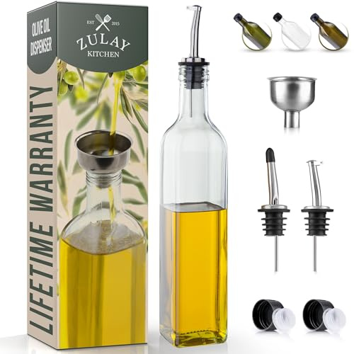 Zulay (17oz) Olive Oil Dispenser Bottle for Kitchen - Glass Olive Oil Bottle with 2 Spouts, 2 Removable Corks, 2 Caps, & 1 Funnel - Oil Bottle for Kitchen & Storing Liquids (Clear Bottle)