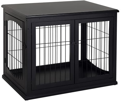 PawHut Cage pour Chien Animaux Cage en Bois MDF Classe E1 3 Portes verrouillables Max. 30 Kg dim. 81L x 58l x 66H cm Noir