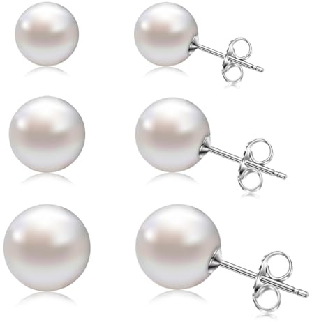 Argento Sterling 925 Perla, 3 paia Donne Bianco Perle d'acqua Dolce, Con Perla d'acqua Dolce per Donna, orecchini perline, Meglio, 6MM 8MM 10MM