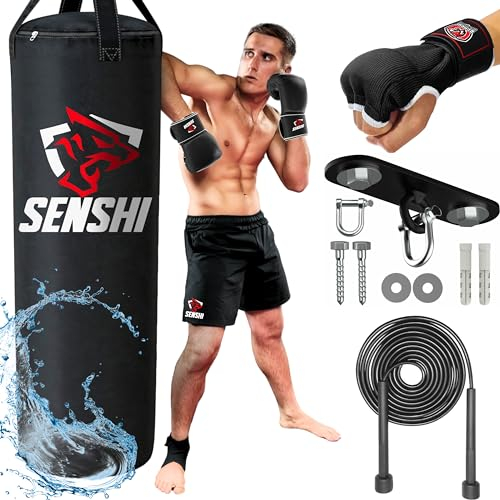 Outdoor Boxsack 3, 4, 1,5 m für Boxen, MMA, Muay Thai Boxhandschuhe, Springseil & Halterung Set für Kinder & Erwachsene (gefüllt, 1,5 m)