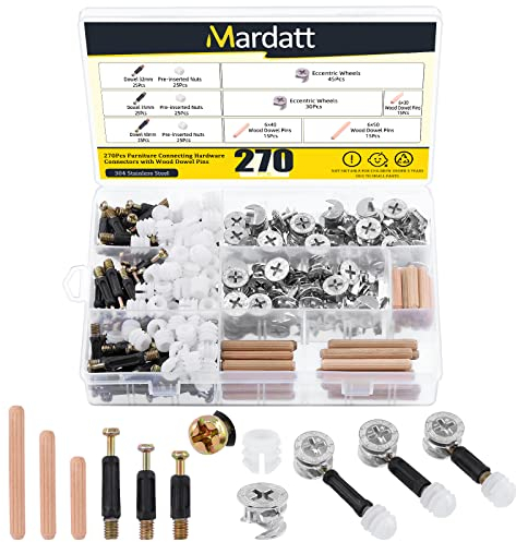 Mardatt Kit de connexion de meubles 3 en 1 avec 3 tailles de goupilles en bois, écrous de verrouillage à came plaqués nickel, écrous pré-insérés, vis, boulons, armoires, tiroirs