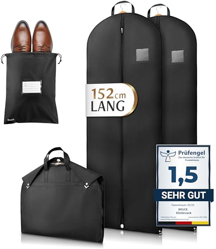 Bruce.® 2x Kleidersack Lang 152x60 cm inkl. 1x Schuhbeutel – Atmungsaktive Kleiderhülle für Mantel, Kleid & Kostüm – 120 GSM Materialstärke – Kleiderschutzhülle für Aufbewahrung & Reise