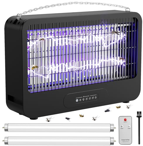 FethFire Lampe Anti Moustique Intérieur et Extérieur, Double Grille 4000V Tue Mouche Electrique avec Télécommande+2 Ampoules Remplaçables, 20W pour Cuisine, Chambre（Noir）