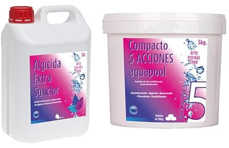 Kit Piscinas - Pastillas de Cloro 5 kg Compacto 5 acciones Aquapool + Antialgas 5 litros no espumante Aquapool + Dosificador Grande y termometro - Apto Piscinas Liner
