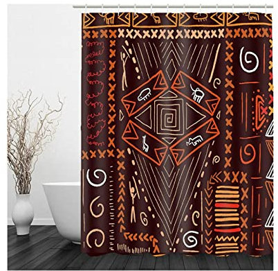 Duschvorhang 90x180, Shower Curtains Textile Dunkelbraun Retro Geometrische Figuren Polyester Bad Vorhang Badezimmer Deko