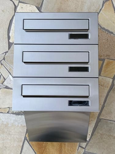 ALSTEN TECH 3er Dreifach Mauerdurchwurf Briefkasten für Mehrfamilienhaus oder Büro - Briefkastenanlage zum Einmauern für 3 Familienhaus 3fach komplett aus Edelstahl V2A Rostfrei Einbaubriefkasten