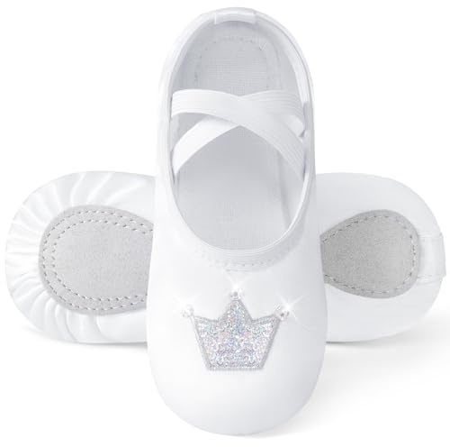 Comfyouth Chaussures de ballet pour fille - En satin - Avec couronne brillante - Semelle divisée - Chaussures de danse - Pour enfants - Pas de cravate, Blanc., 23 EU
