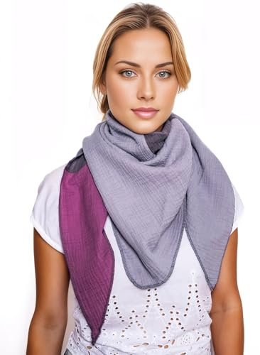 Scandi Linen Unglaublich Weich Musselin Tuch Damen, Musselintuch Damen, Musselin Halstuch Damen (Grau-DunkelGrau- DunkelPurple)