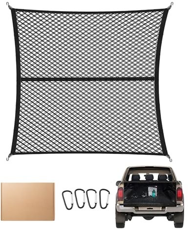 FoundGo 120x120cm Double Layer Elastic Cargo Net - Stretches to 210x210cm for Truck, Motorhome, Van, Pickup - Includes 4x Steel Carabiners, 4x ABS Hooks