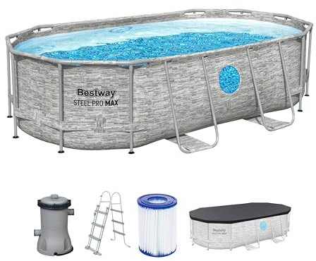 Bestway 56714-7 Set piscina fuori terra ovale Steel Pro MAX Splashview - 4,27 m x 2,50 m x 1,00 m, grigio effetto pietra