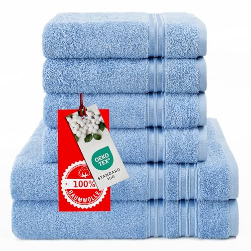 Hammetex 6 teiliges Handtuch Set, 100% Baumwolle Weich Saugstark Qualität Handtücher Set, 2 Badetücher 70x140 cm, 4 Handtücher 50x100 cm, Hellblau
