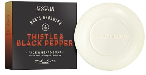 Scottish Fine Soaps Men's Grooming Thistle & Black Pepper Face & Beard Soap 100g – Purifying Milk Thistle Soap Bar with Jojoba Oil for Skin and Beard