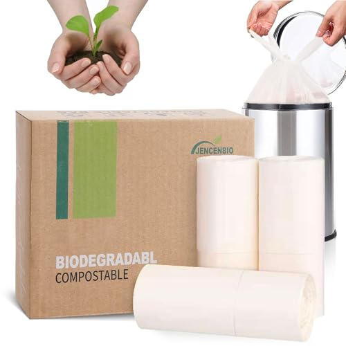 JENCENBIO Bolsas de basura compostables de 20 litros con asas, bolsas de residuos de alimentos de 20 micras para cocina, baño, US BPI ASTM D6400 y compost europeo OK Home, 45 cots blanco