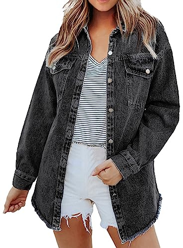 Vit jeansjacka för kvinnor – jeansjacka för damer längre längd – sommarkoftor lång jeansjacka överdimensionerad jeansjacka storlek 22, sommarkofta långärmad jeansjacka för flickor, Svart, XL