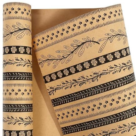 QIUMING Rollo de Papel de Regalo de 43 x 300 cm con diseño de Plantas en Pintura Negra para Regalos de cumpleaños, Papel Artesanal Vintage, graduaciones y compromisos.