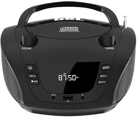 Boombox Radio CD portátil con Bluetooth BSL JL-2031A | con 4W de Potencia RMS | Radio FM y Puerto USB Compatible con Archivos mp3 | Display LCD | Entrada AUX IN y Salida Auriculares